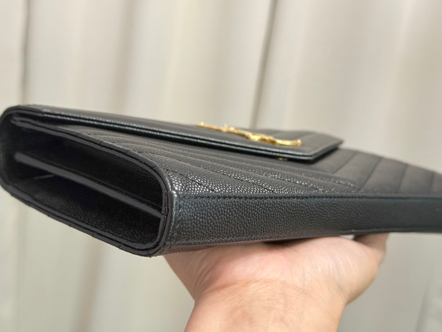 YSL Cassandre Wallet on Chain In Black Grained Leather with Gold HW