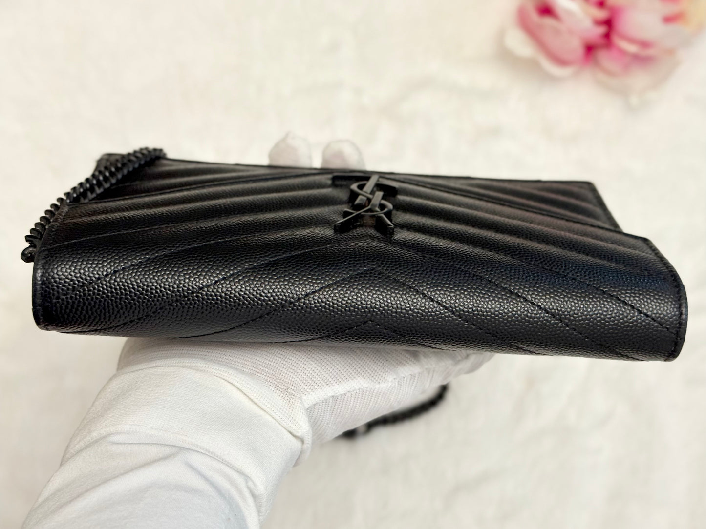 Saint Laurent Cassandre Wallet on Chain Black Grain Poudre Black HW