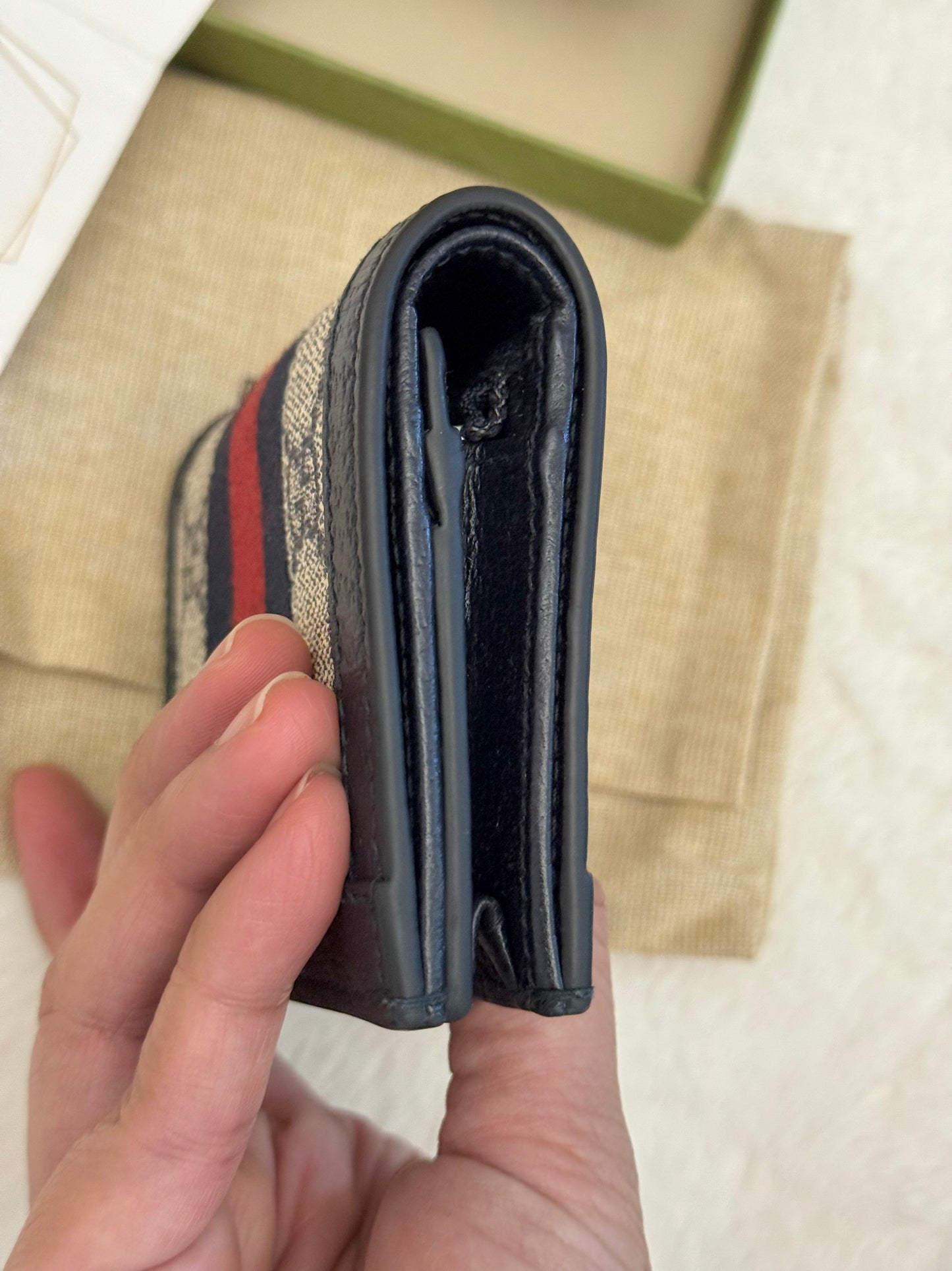 Gucci GG Supreme Monogram Textured Dollar Calfskin Web Ophidia Card Case Beige Blue