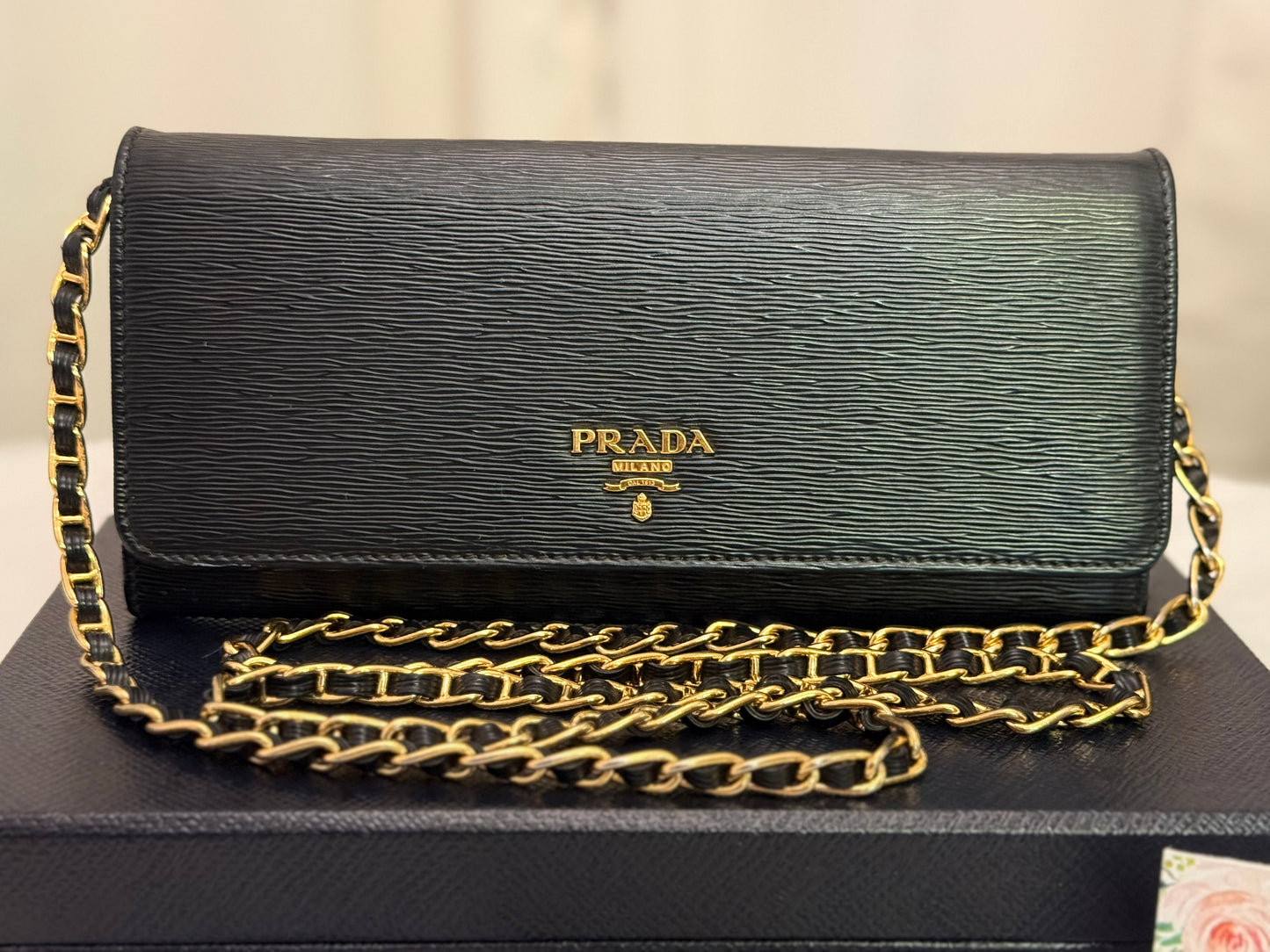 Prada Wallet on Chain Black Vitello Move Leather Clutch 1MT290