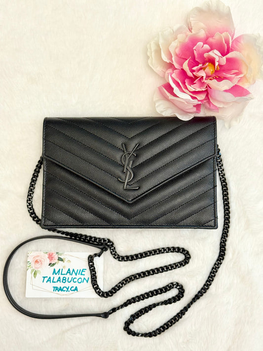 Saint Laurent Cassandre Wallet on Chain Black Grain Poudre Black HW