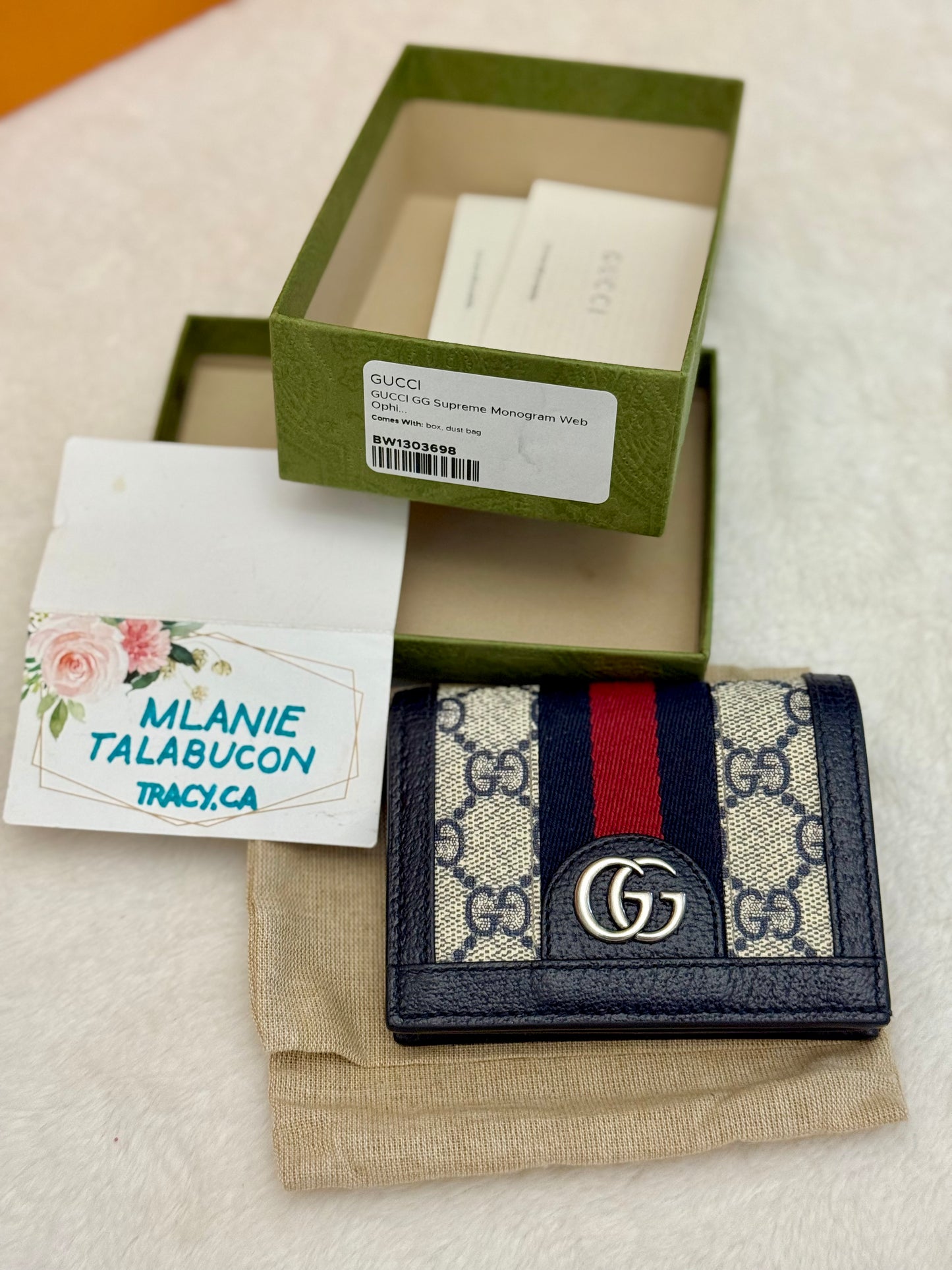 Gucci GG Supreme Monogram Textured Dollar Calfskin Web Ophidia Card Case Beige Blue