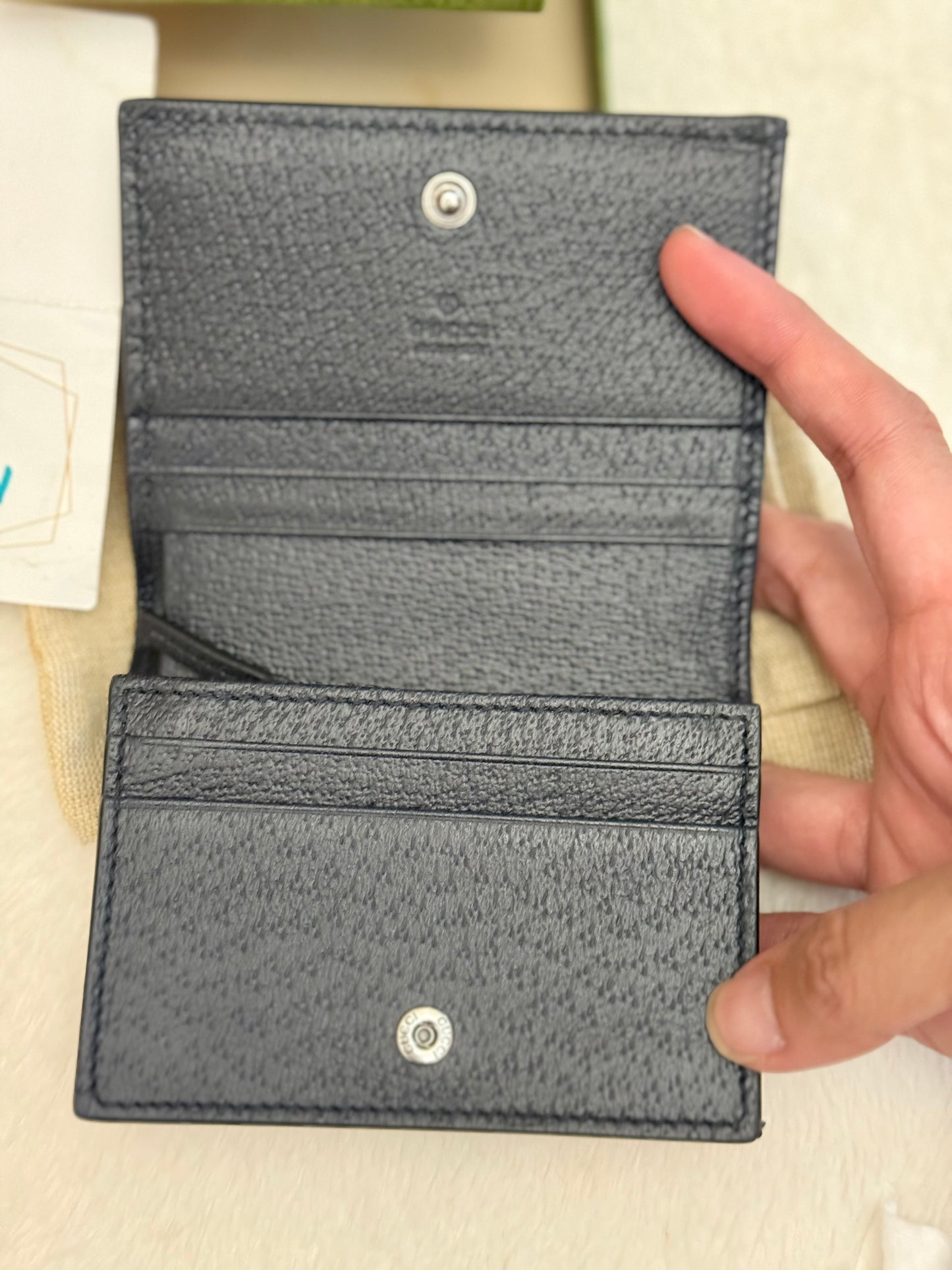 Gucci GG Supreme Monogram Textured Dollar Calfskin Web Ophidia Card Case Beige Blue