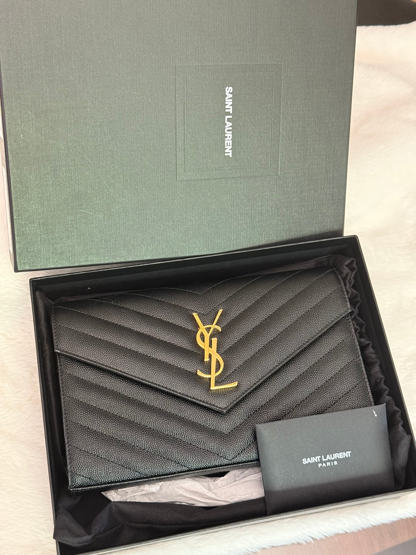 YSL Cassandre Wallet on Chain In Black Grained Leather with Gold HW