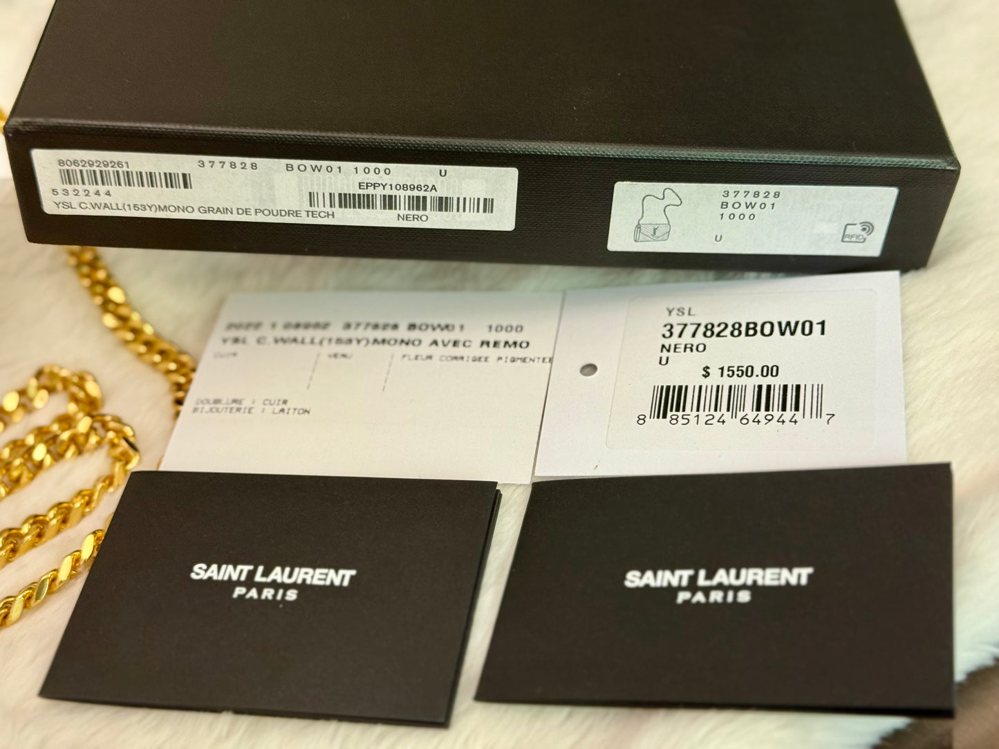 YSL Cassandre Wallet on Chain In Black Grained Leather with Gold HW