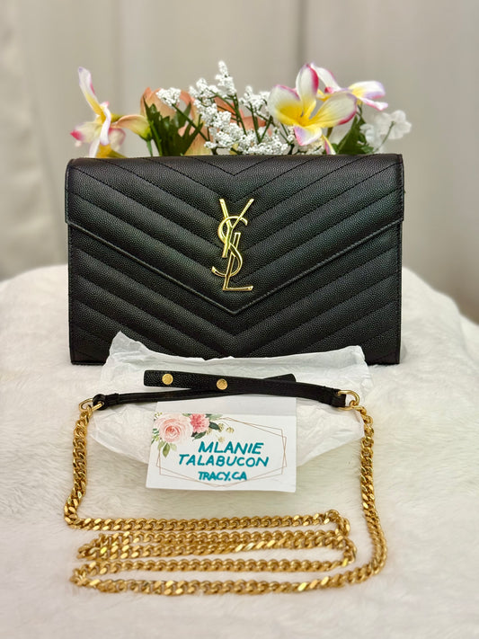 YSL Cassandre Wallet on Chain In Black Grained Leather with Gold HW