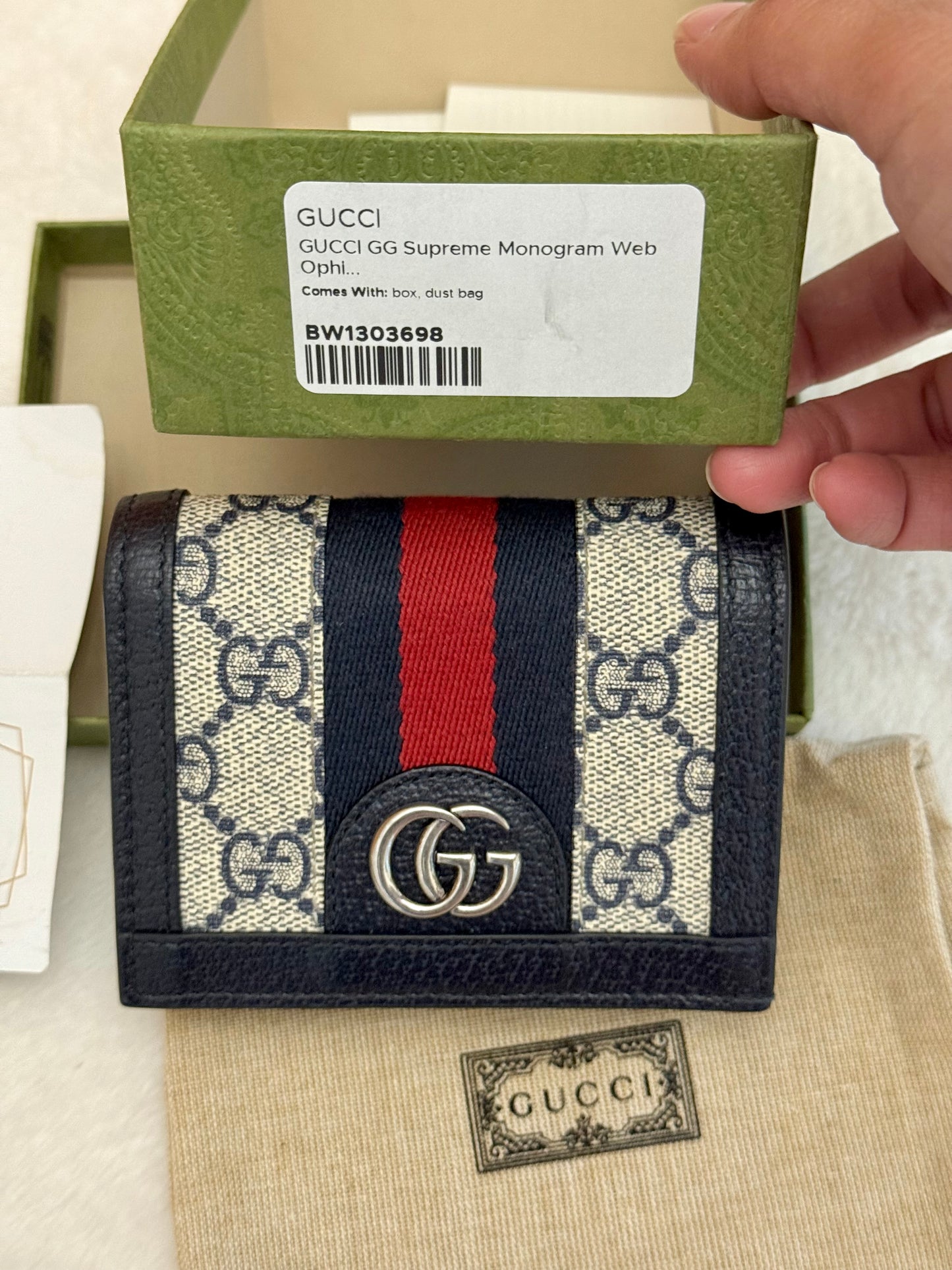 Gucci GG Supreme Monogram Textured Dollar Calfskin Web Ophidia Card Case Beige Blue