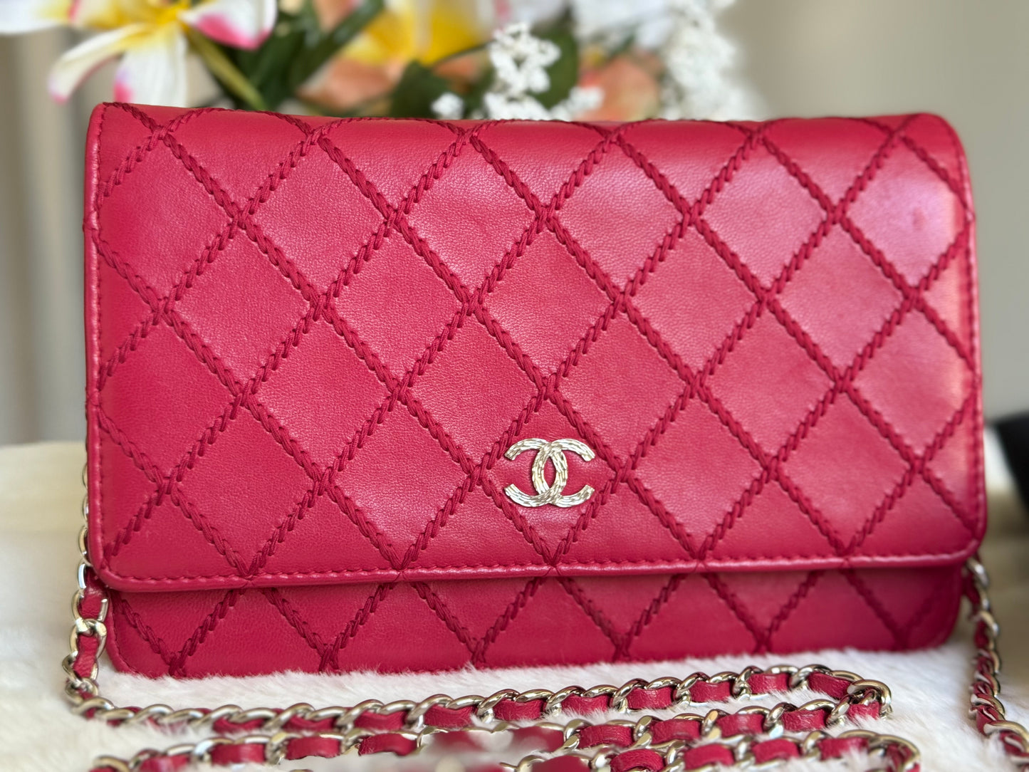 Chanel 14P Wild Stitch Lambskin Dark Pink with Silver HW Wallet on Chain