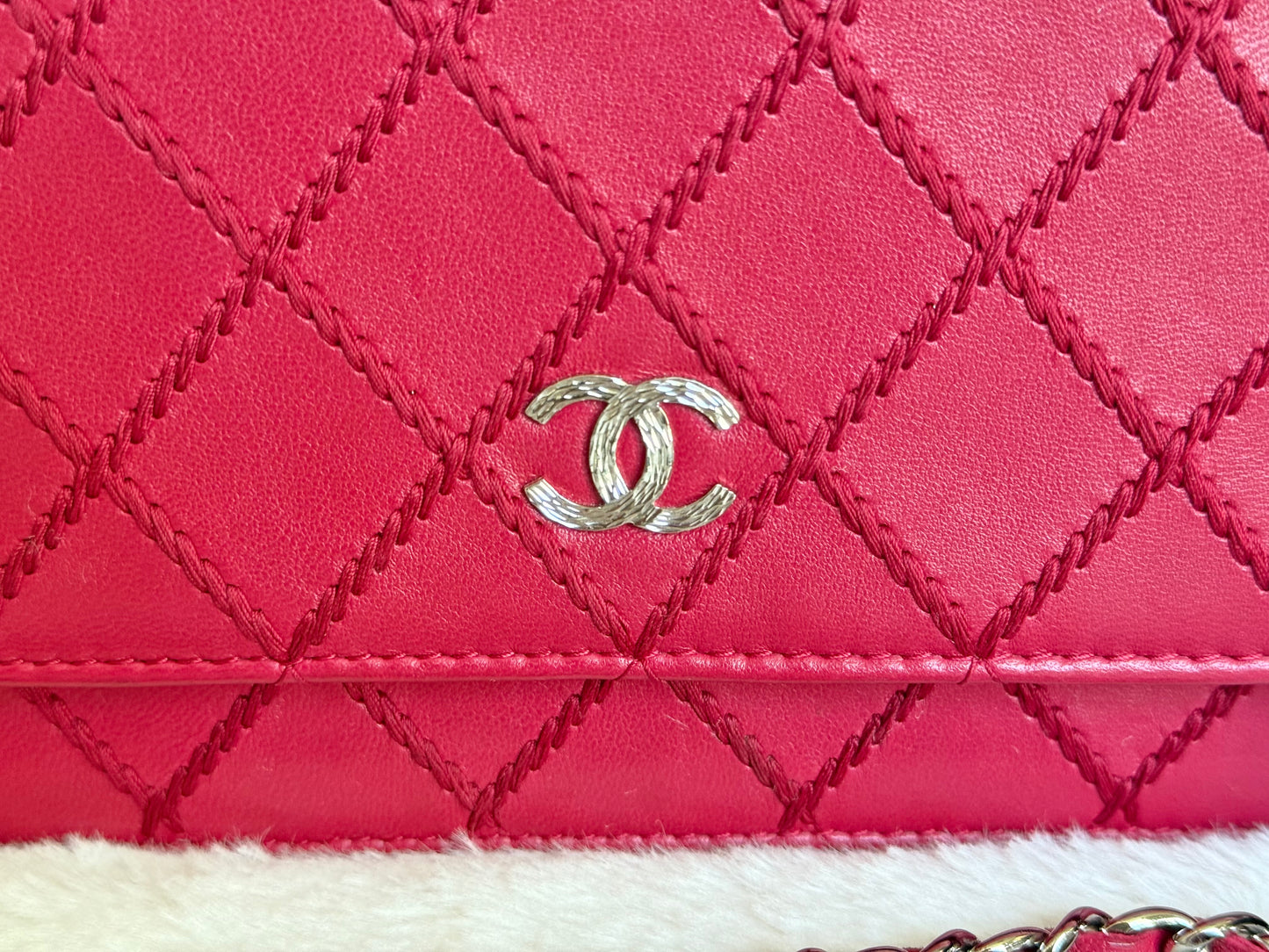 Chanel 14P Wild Stitch Lambskin Dark Pink with Silver HW Wallet on Chain