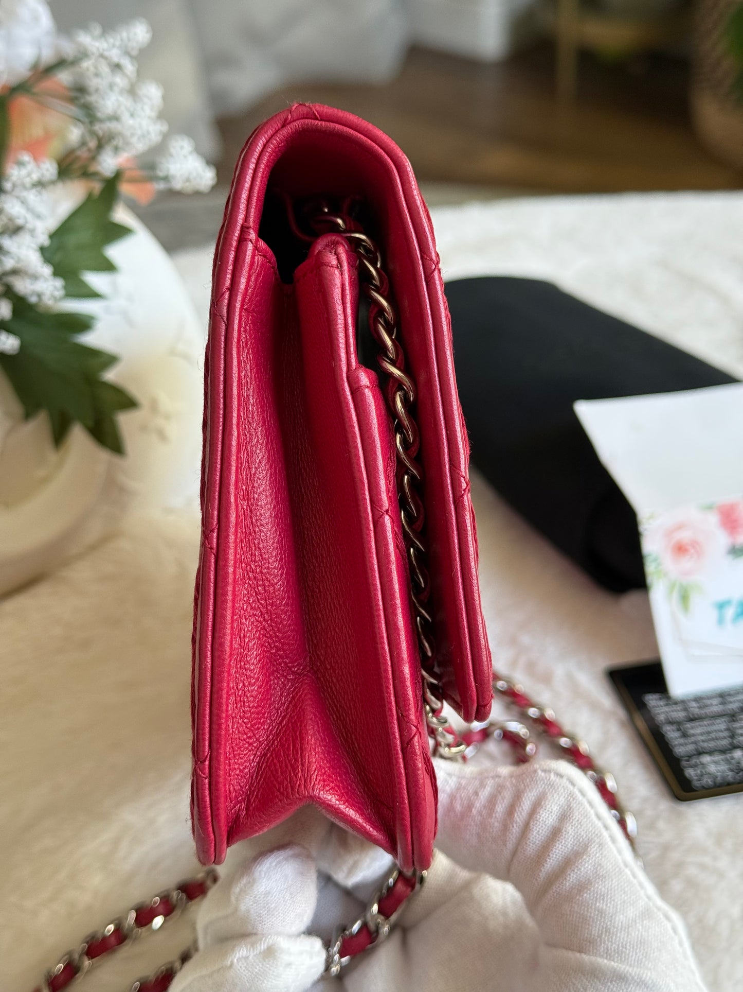 Chanel 14P Wild Stitch Lambskin Dark Pink with Silver HW Wallet on Chain