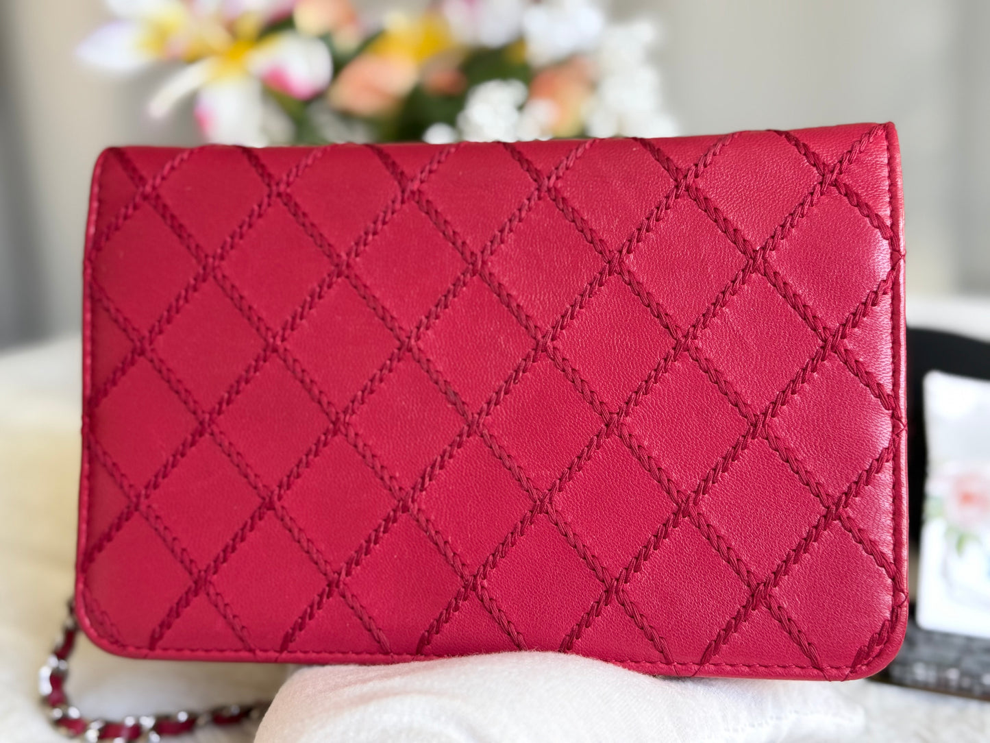 Chanel 14P Wild Stitch Lambskin Dark Pink with Silver HW Wallet on Chain