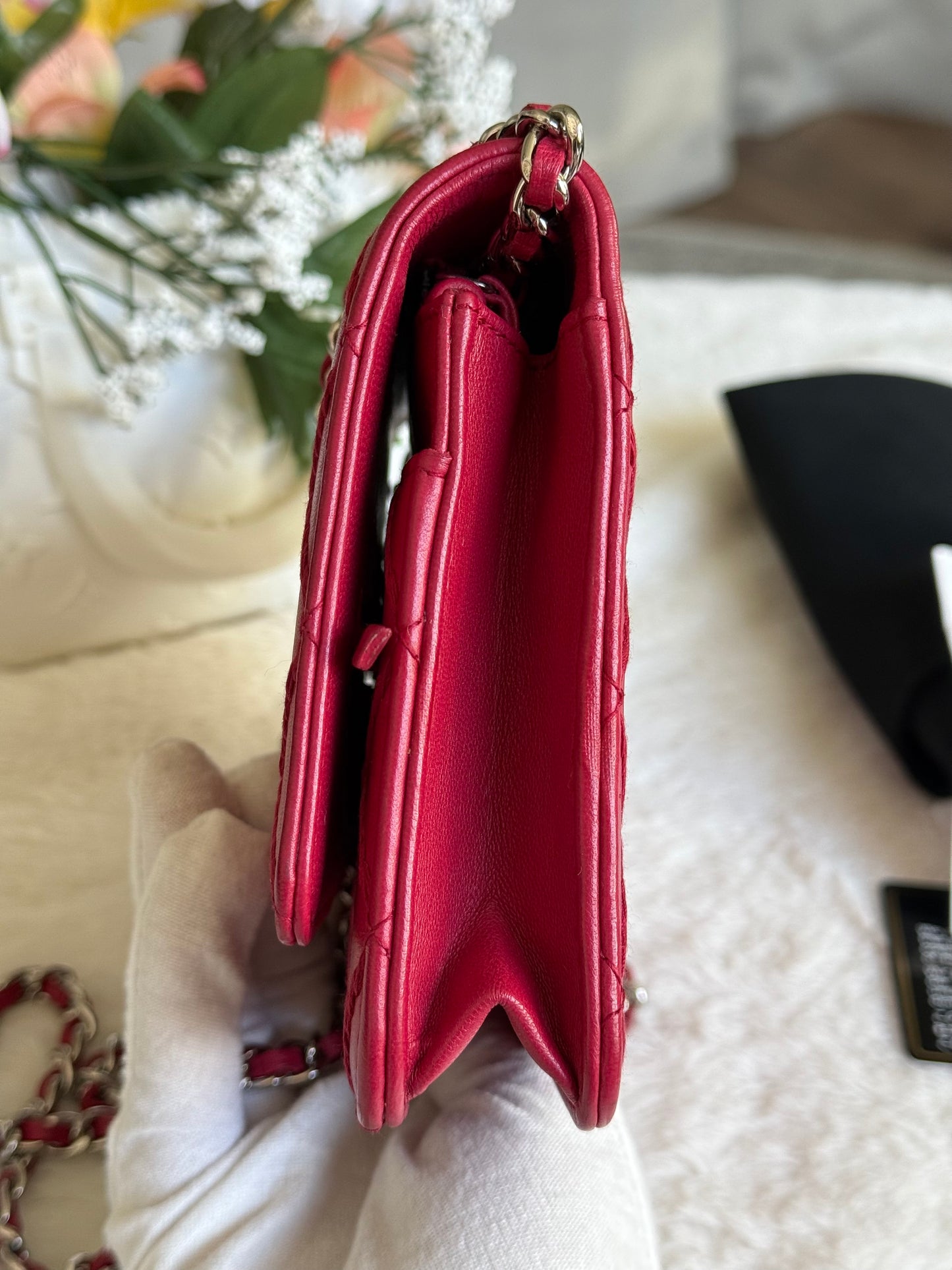 Chanel 14P Wild Stitch Lambskin Dark Pink with Silver HW Wallet on Chain