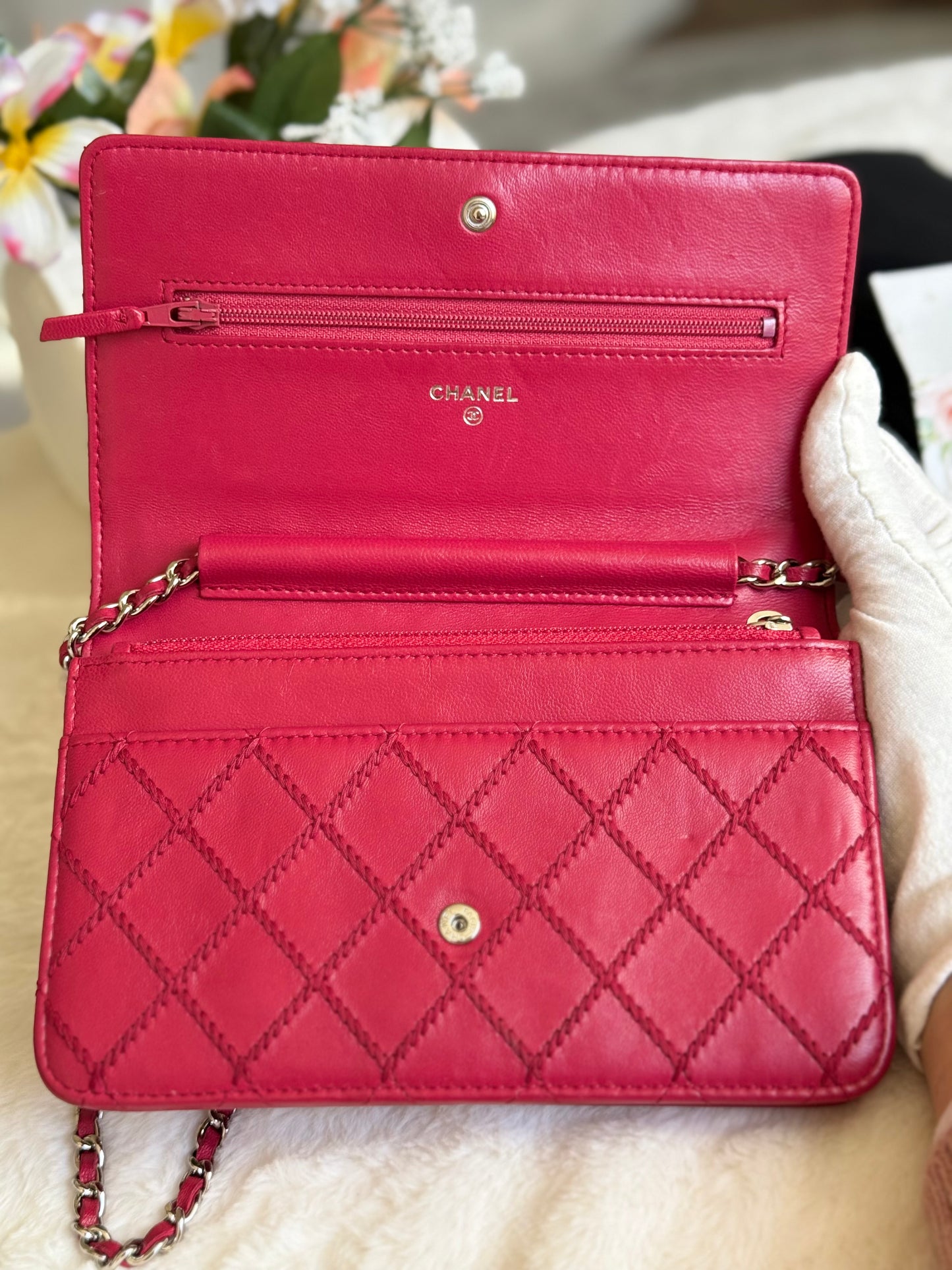 Chanel 14P Wild Stitch Lambskin Dark Pink with Silver HW Wallet on Chain