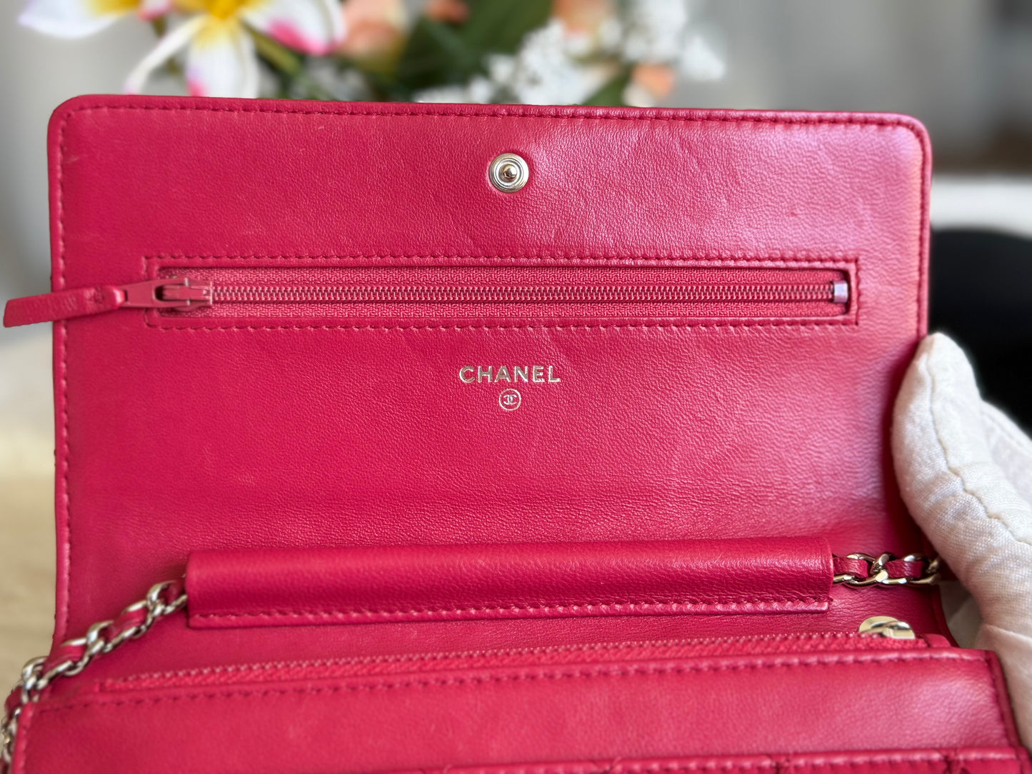 Chanel 14P Wild Stitch Lambskin Dark Pink with Silver HW Wallet on Chain