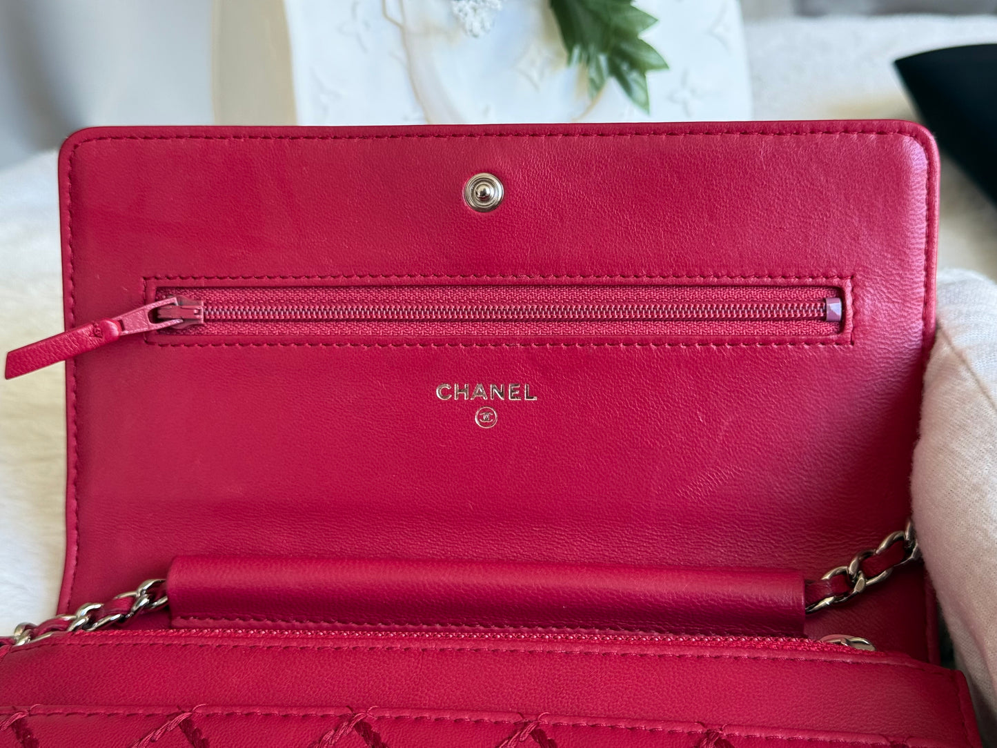 Chanel 14P Wild Stitch Lambskin Dark Pink with Silver HW Wallet on Chain