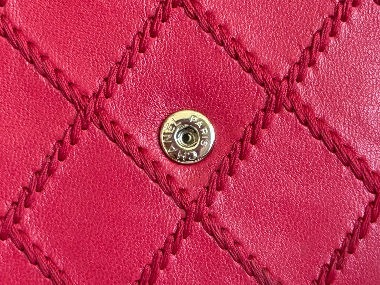 Chanel 14P Wild Stitch Lambskin Dark Pink with Silver HW Wallet on Chain