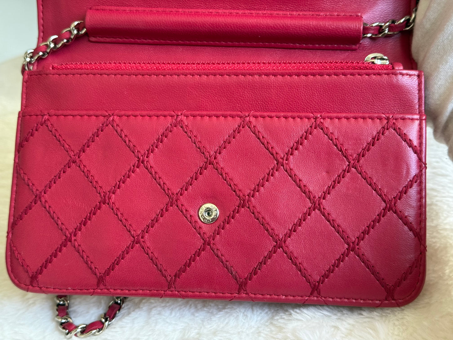 Chanel 14P Wild Stitch Lambskin Dark Pink with Silver HW Wallet on Chain