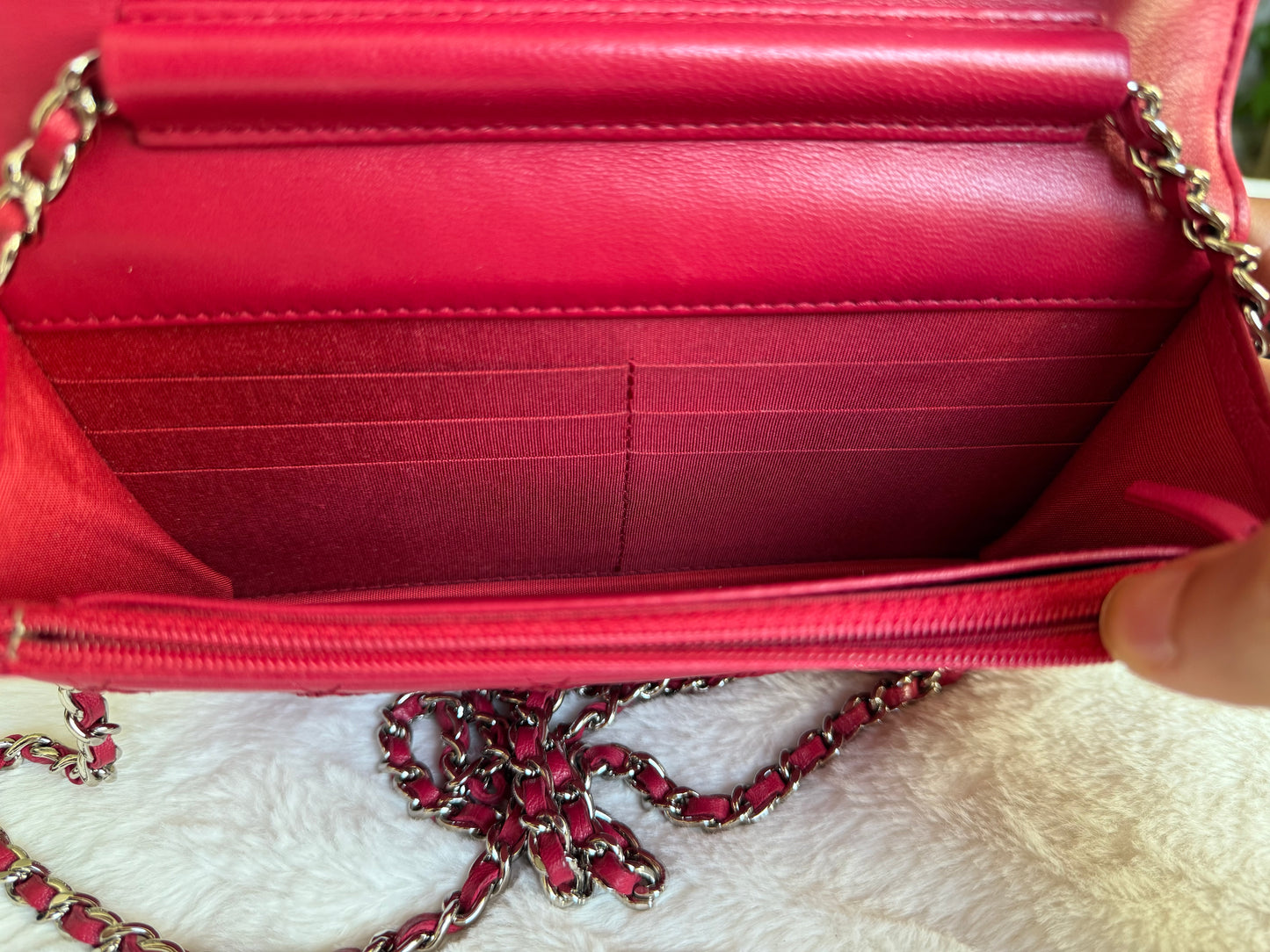 Chanel 14P Wild Stitch Lambskin Dark Pink with Silver HW Wallet on Chain