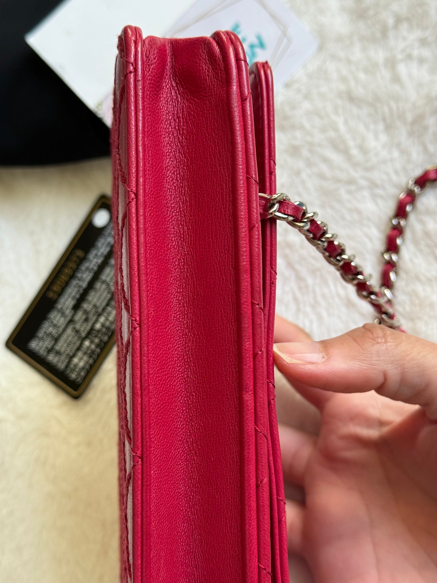 Chanel 14P Wild Stitch Lambskin Dark Pink with Silver HW Wallet on Chain