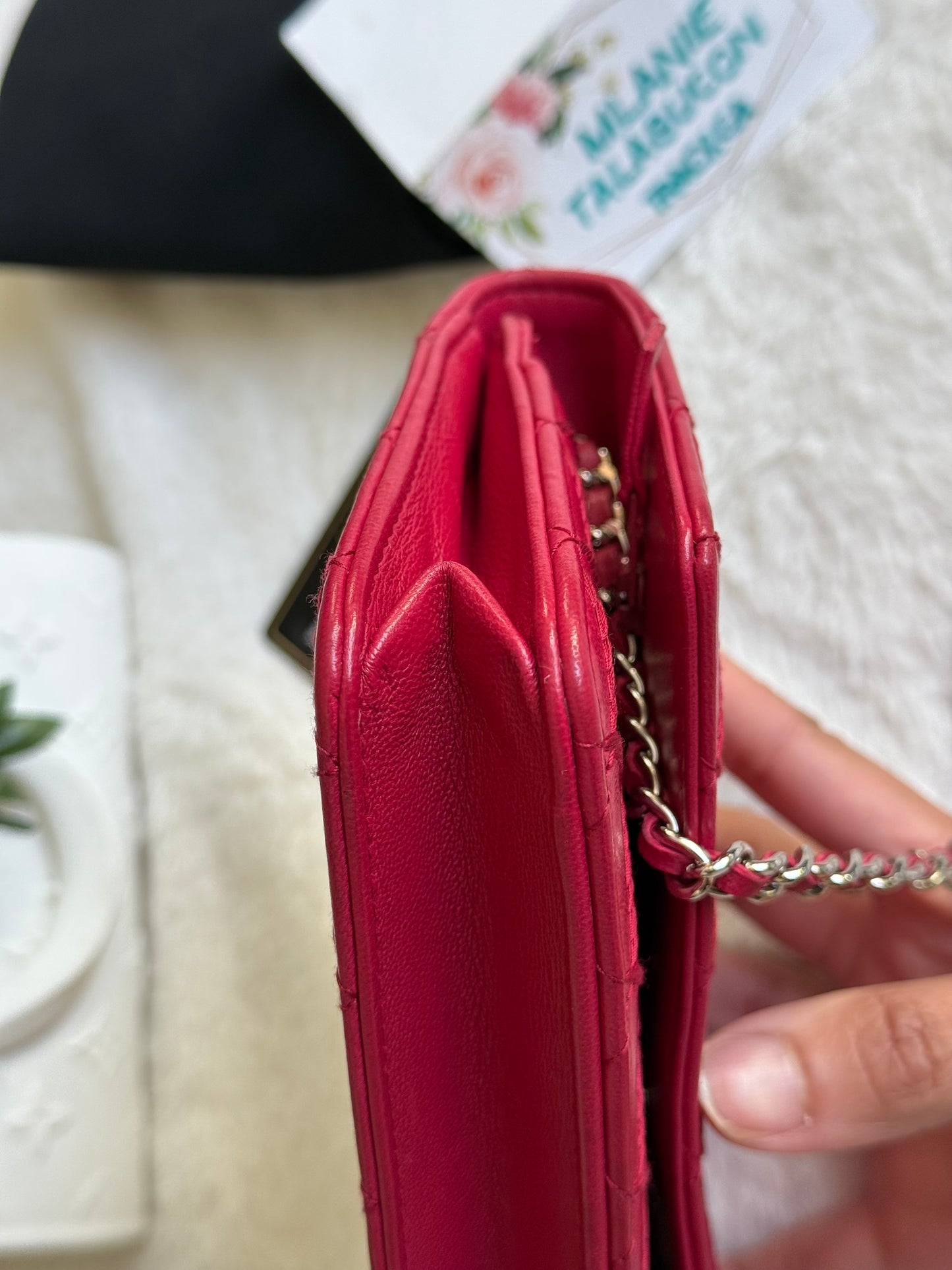 Chanel 14P Wild Stitch Lambskin Dark Pink with Silver HW Wallet on Chain