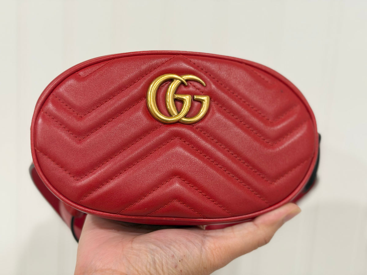 Gucci GG Marmont Matelassé Belt Bag Hibiscus Red Aged Gold-tone HW