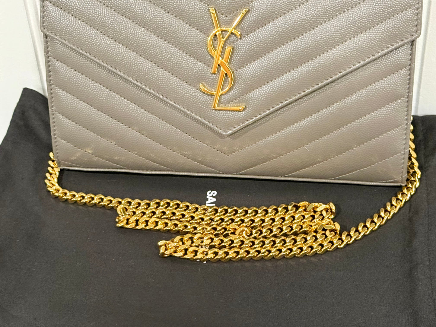 YSL Cassandre Wallet on Chain Fog Grained Leather with Gold HW