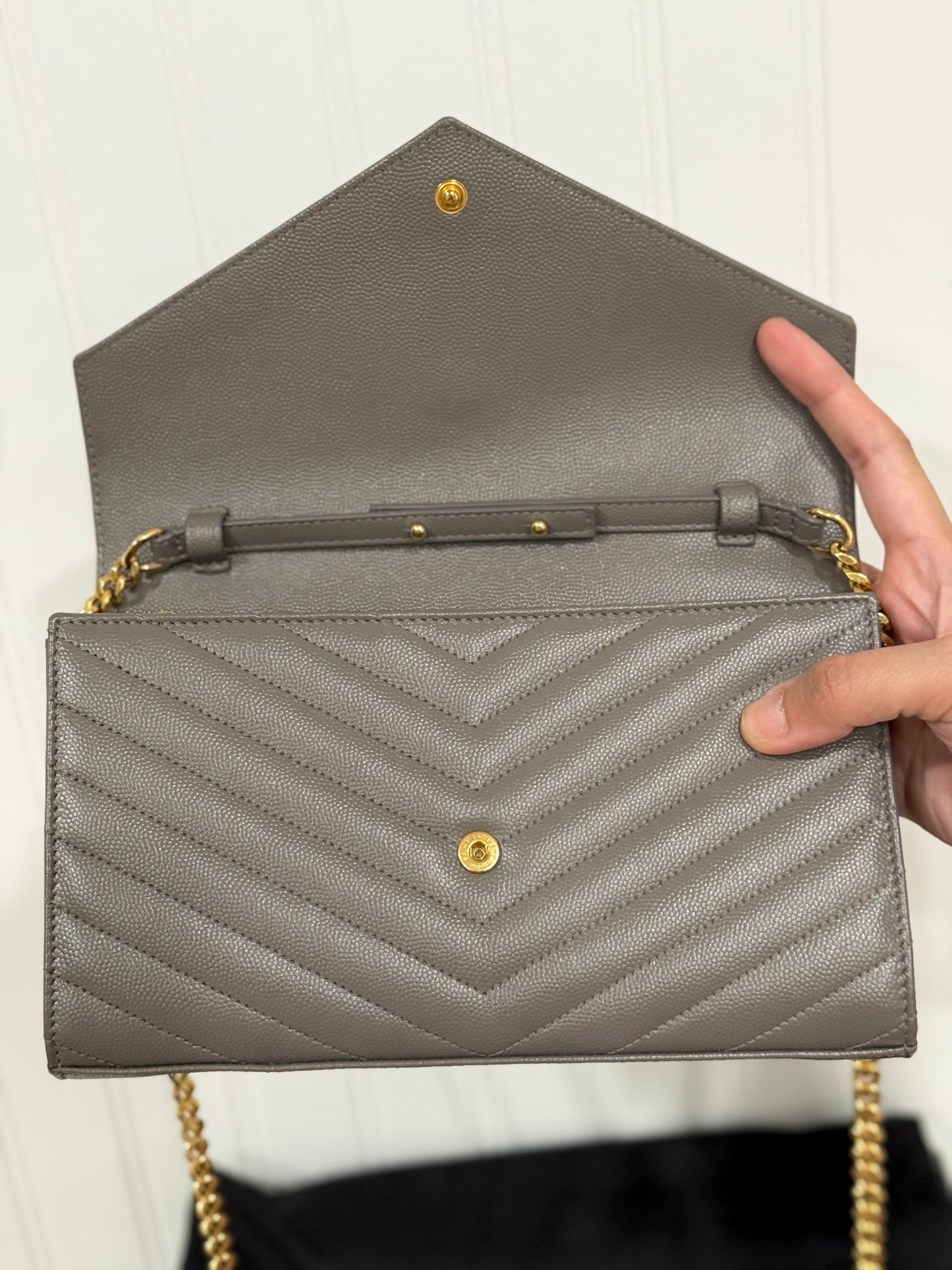 YSL Cassandre Wallet on Chain Fog Grained Leather with Gold HW
