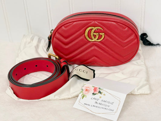Gucci GG Marmont Matelassé Belt Bag Hibiscus Red Aged Gold-tone HW