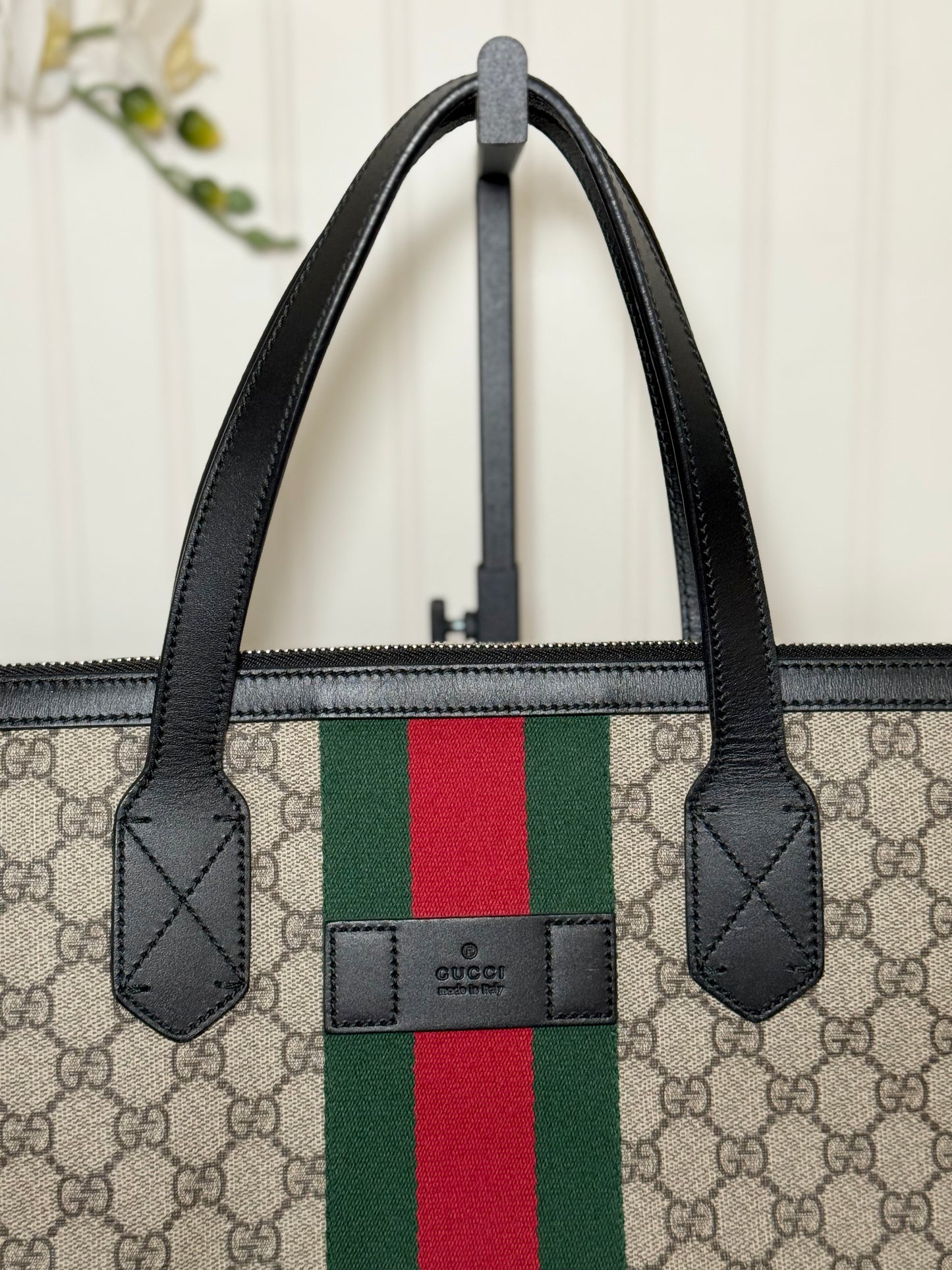 Gucci Zipped Web GG Supreme Canvas Tote Shoulder Bag Black 359261