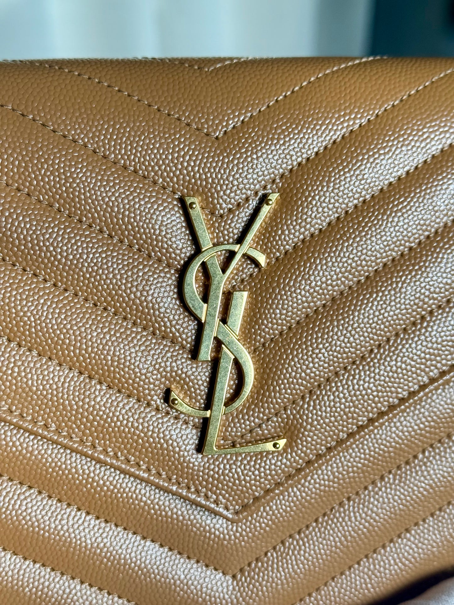 Saint Laurent Classic Cassandre Chain Wallet in Natural Dark Grain de Poudre Leather