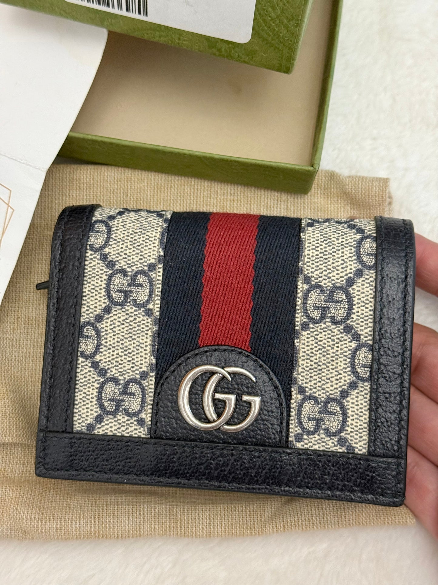 Gucci GG Supreme Monogram Textured Dollar Calfskin Web Ophidia Card Case Beige Blue