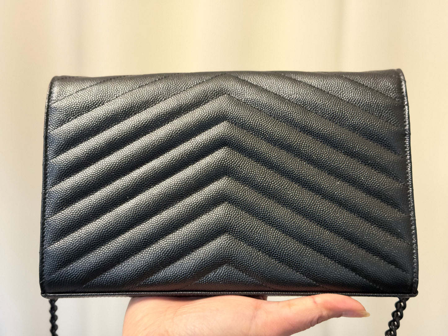 Yves Saint Laurent YSL Classic Cassandre Wallet on Chain in Black Grained de Poudre Leather Black HW