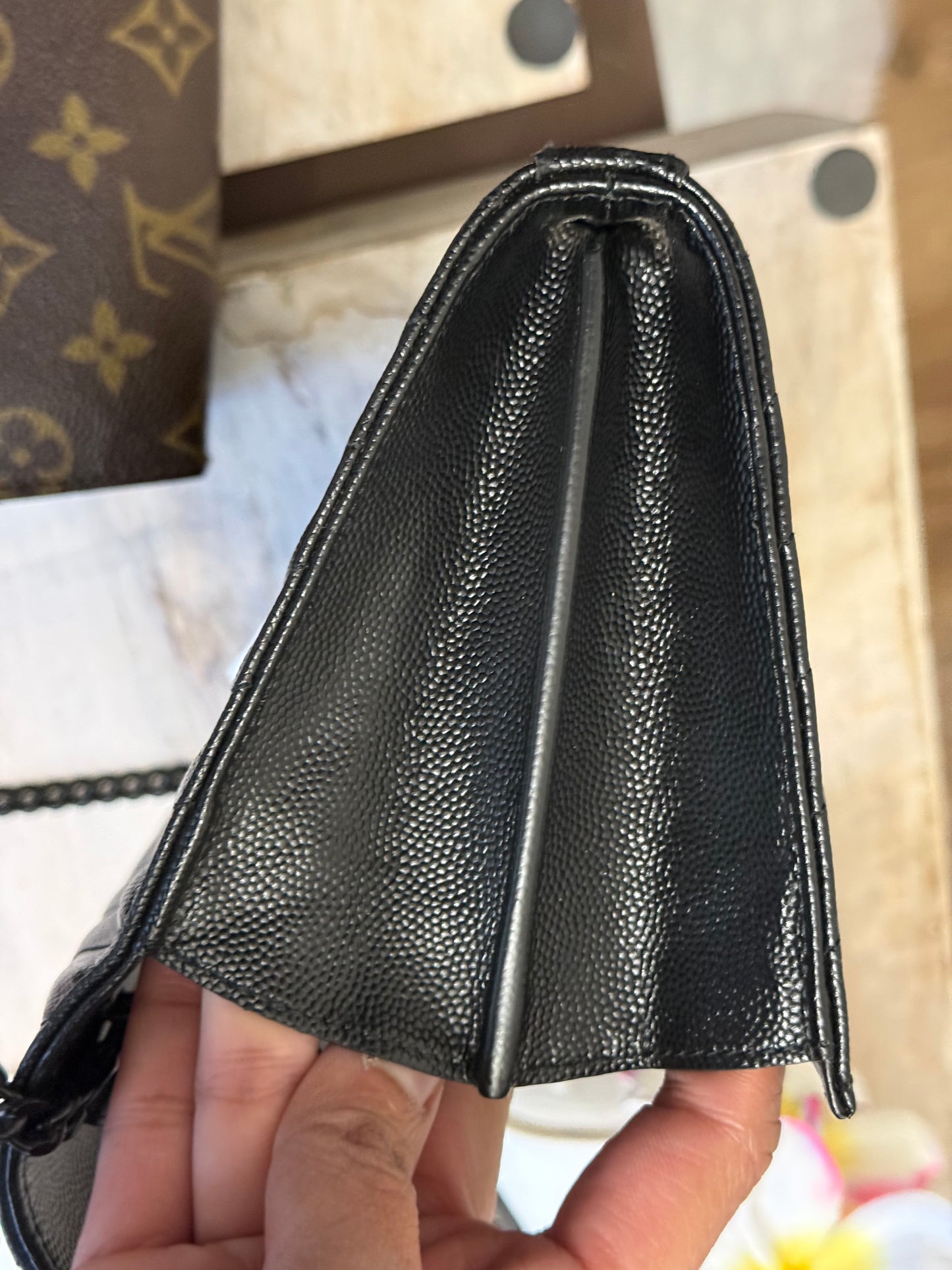 Yves Saint Laurent YSL Classic Cassandre Wallet on Chain in Black Grained de Poudre Leather Black HW