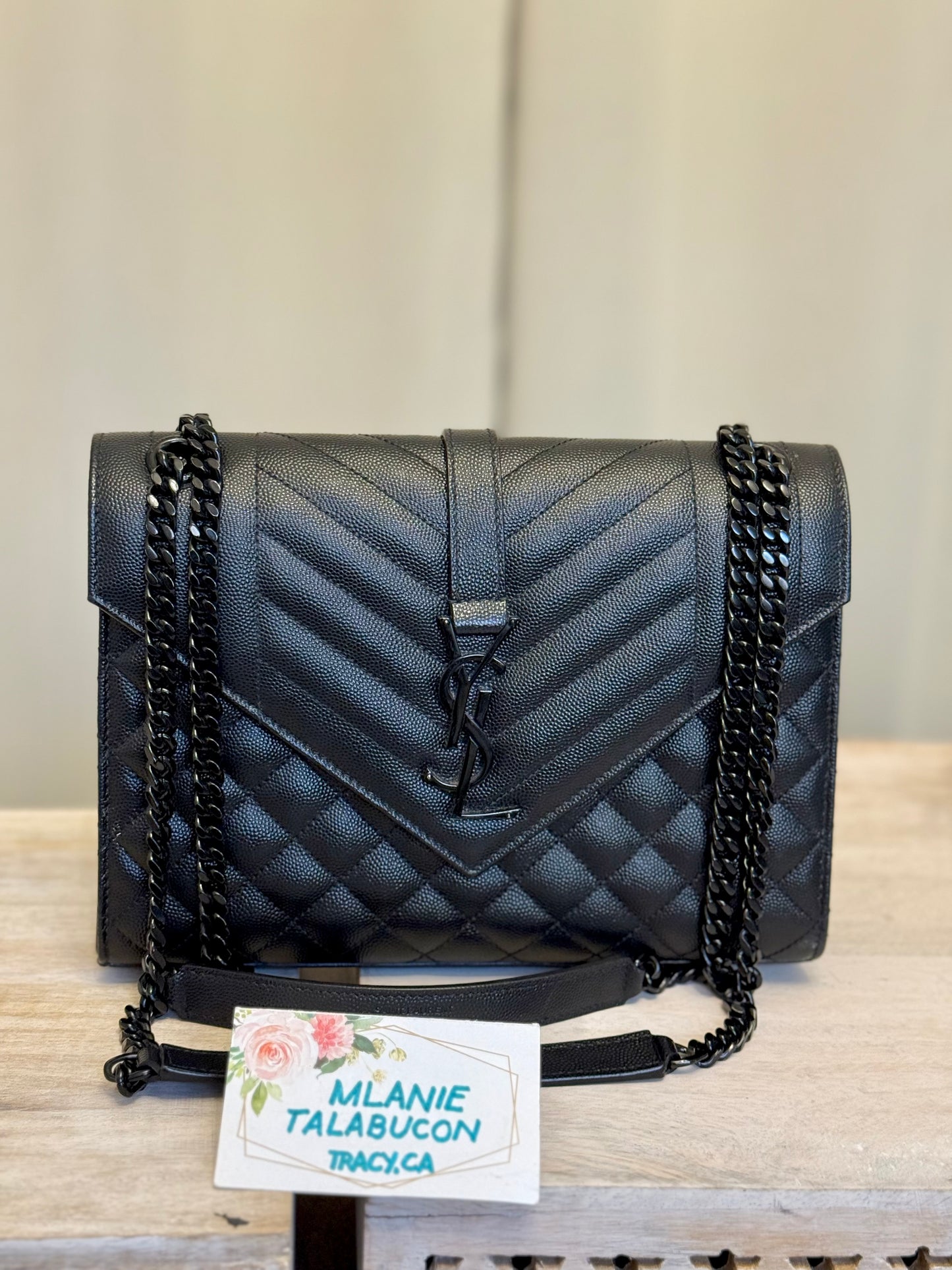 Yves Saint Laurent BLACK ENVELOPE MEDIUM IN QUILTED GRAIN DE POUDRE EMBOSSED LEATHER BLACK HW