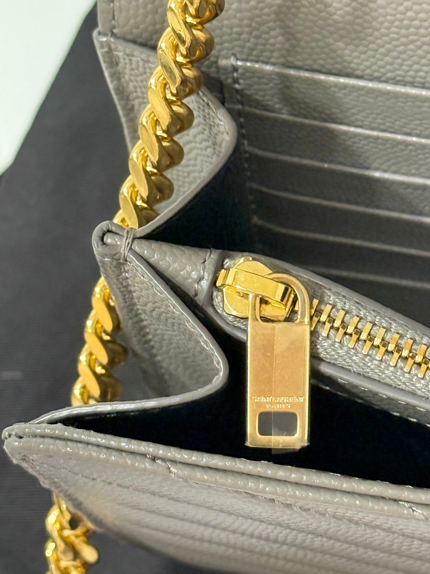 YSL Cassandre Wallet on Chain Fog Grained Leather with Gold HW