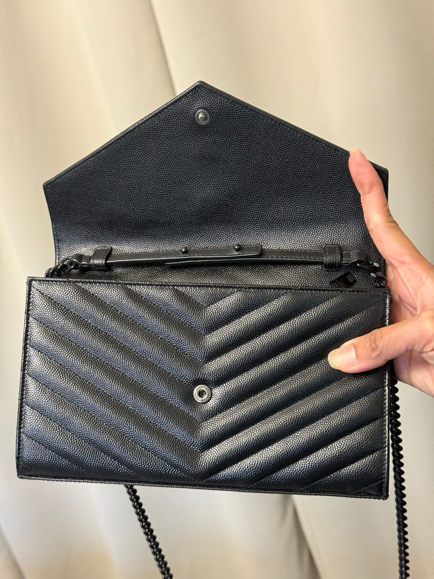 Yves Saint Laurent YSL Classic Cassandre Wallet on Chain in Black Grained de Poudre Leather Black HW