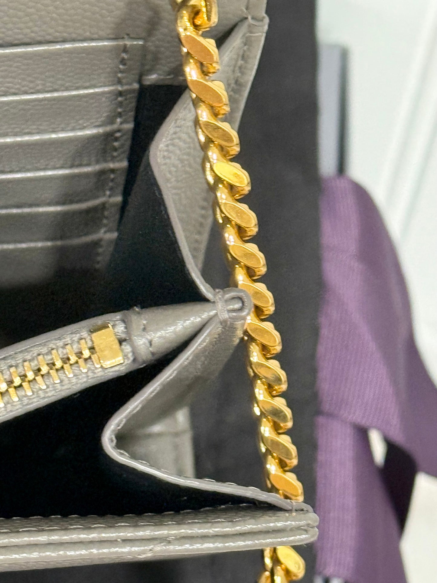 YSL Cassandre Wallet on Chain Fog Grained Leather with Gold HW