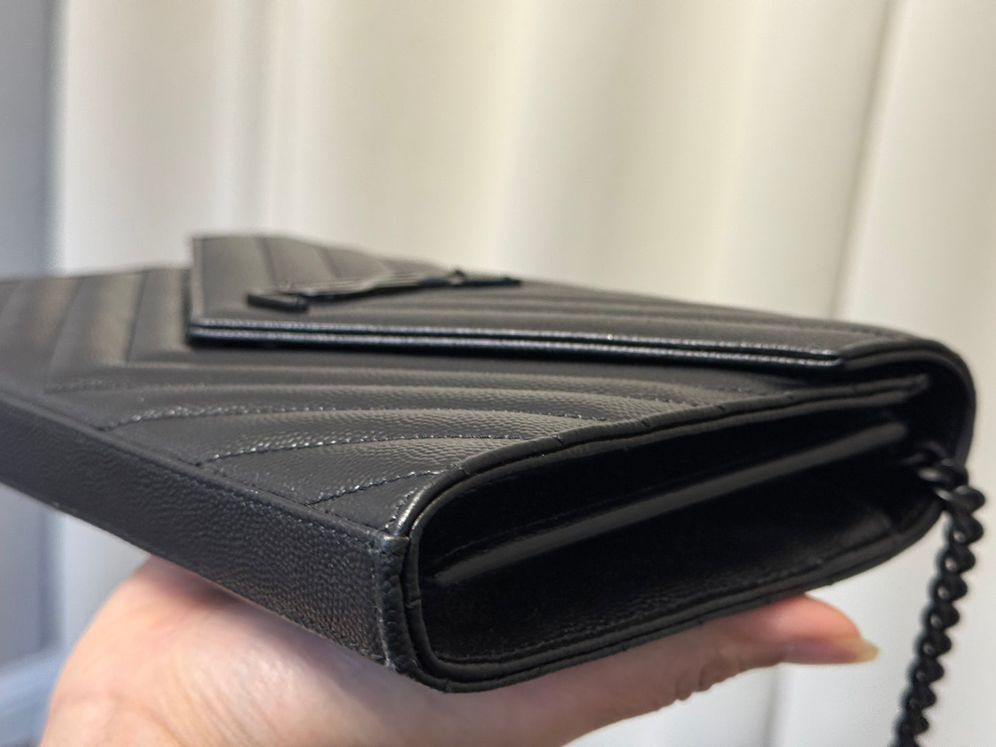 Yves Saint Laurent YSL Classic Cassandre Wallet on Chain in Black Grained de Poudre Leather Black HW