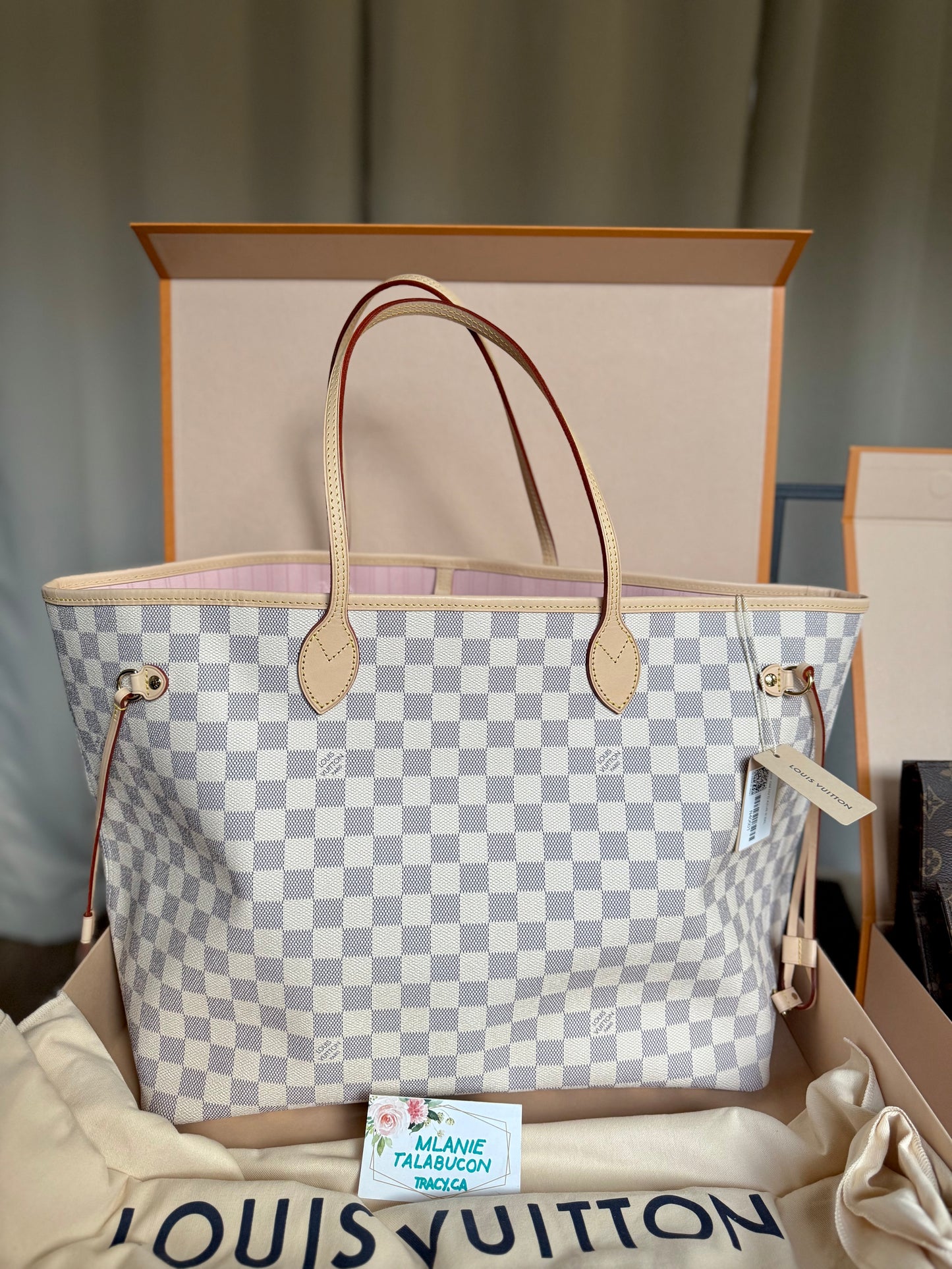 BRAND NEW Louis Vuitton Neverfull GM in Damier Azur with Rose Ballerine Interior