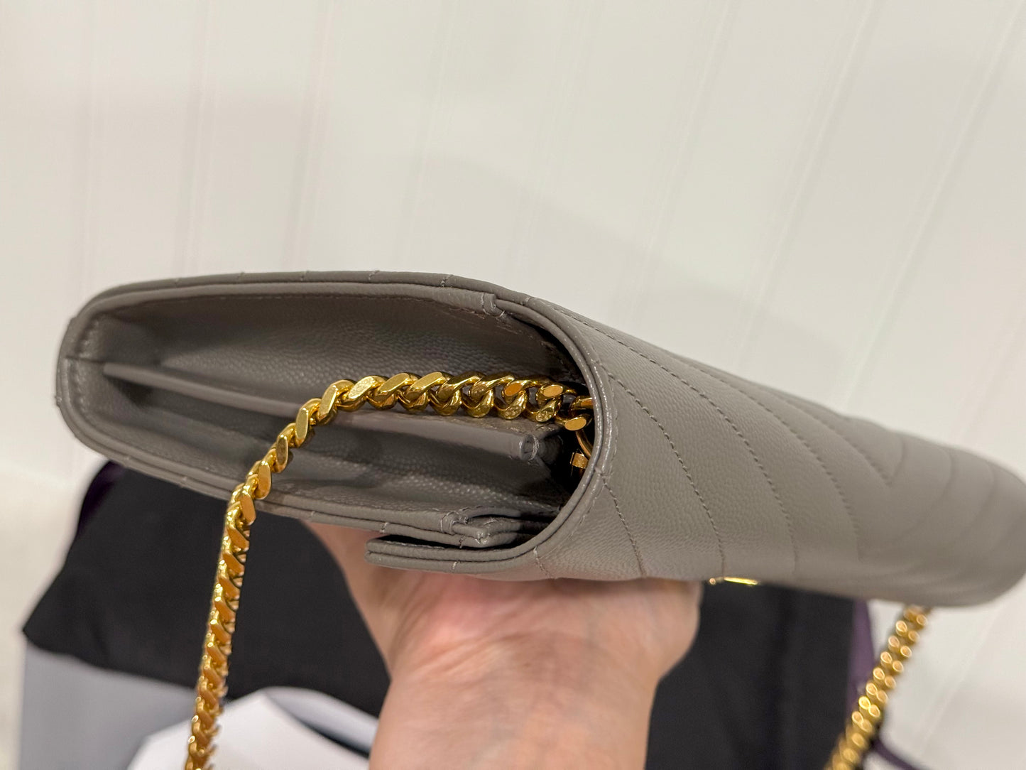 YSL Cassandre Wallet on Chain Fog Grained Leather with Gold HW