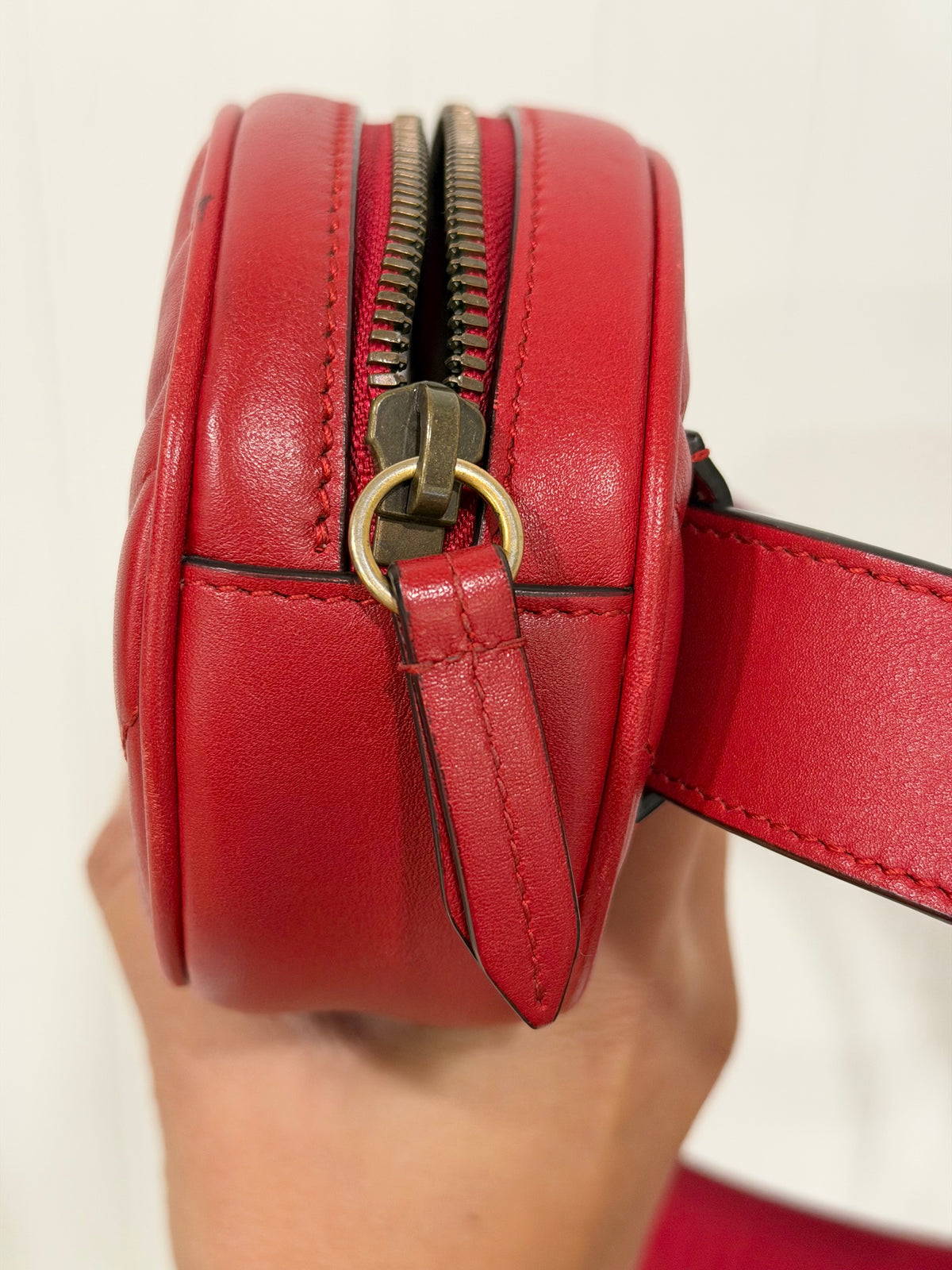 Gucci GG Marmont Matelassé Belt Bag Hibiscus Red Aged Gold-tone HW