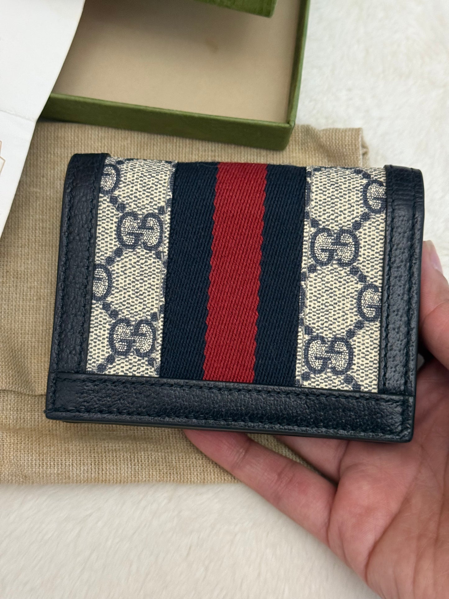 Gucci GG Supreme Monogram Textured Dollar Calfskin Web Ophidia Card Case Beige Blue