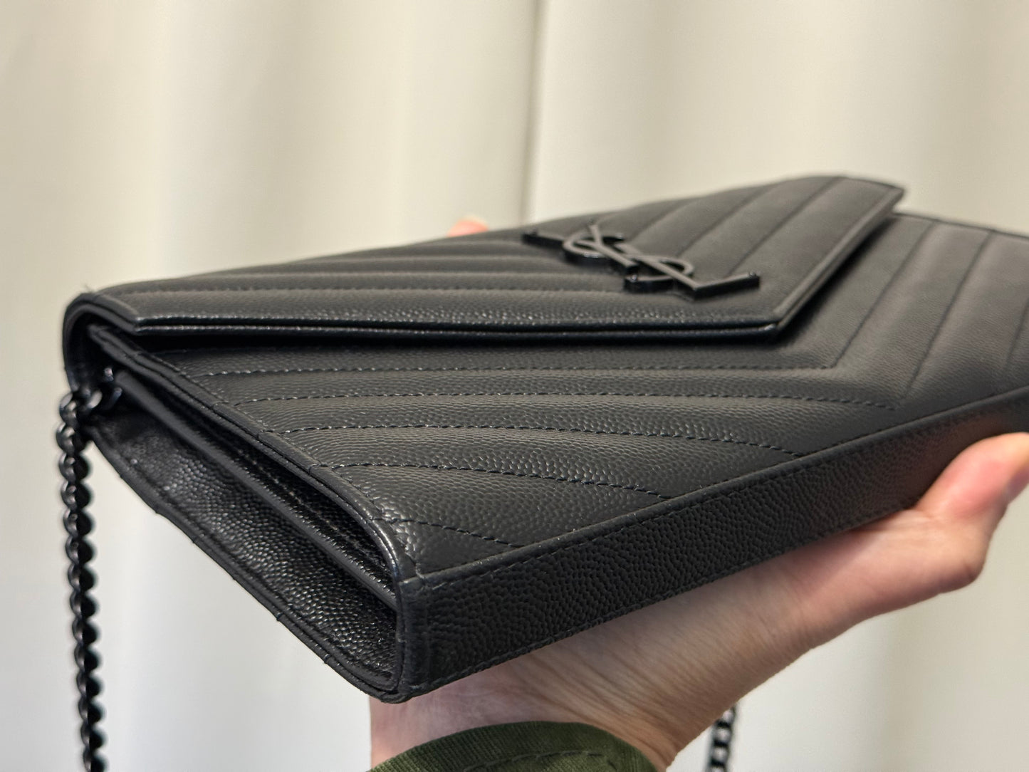 Yves Saint Laurent YSL Classic Cassandre Wallet on Chain in Black Grained de Poudre Leather Black HW