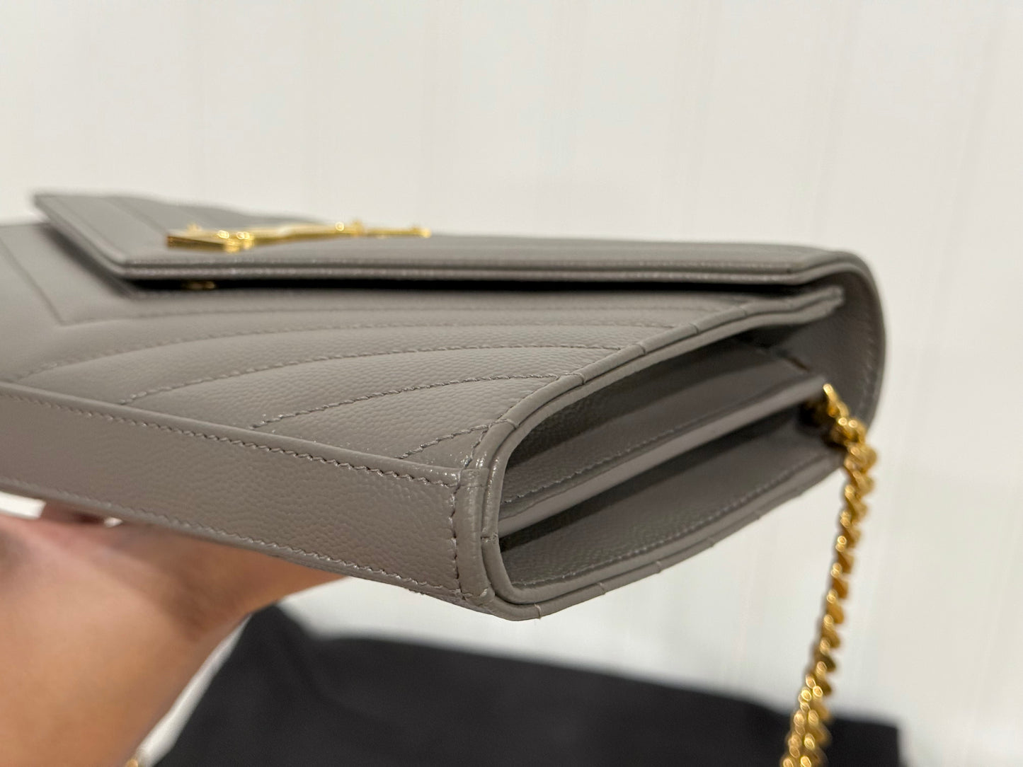 YSL Cassandre Wallet on Chain Fog Grained Leather with Gold HW