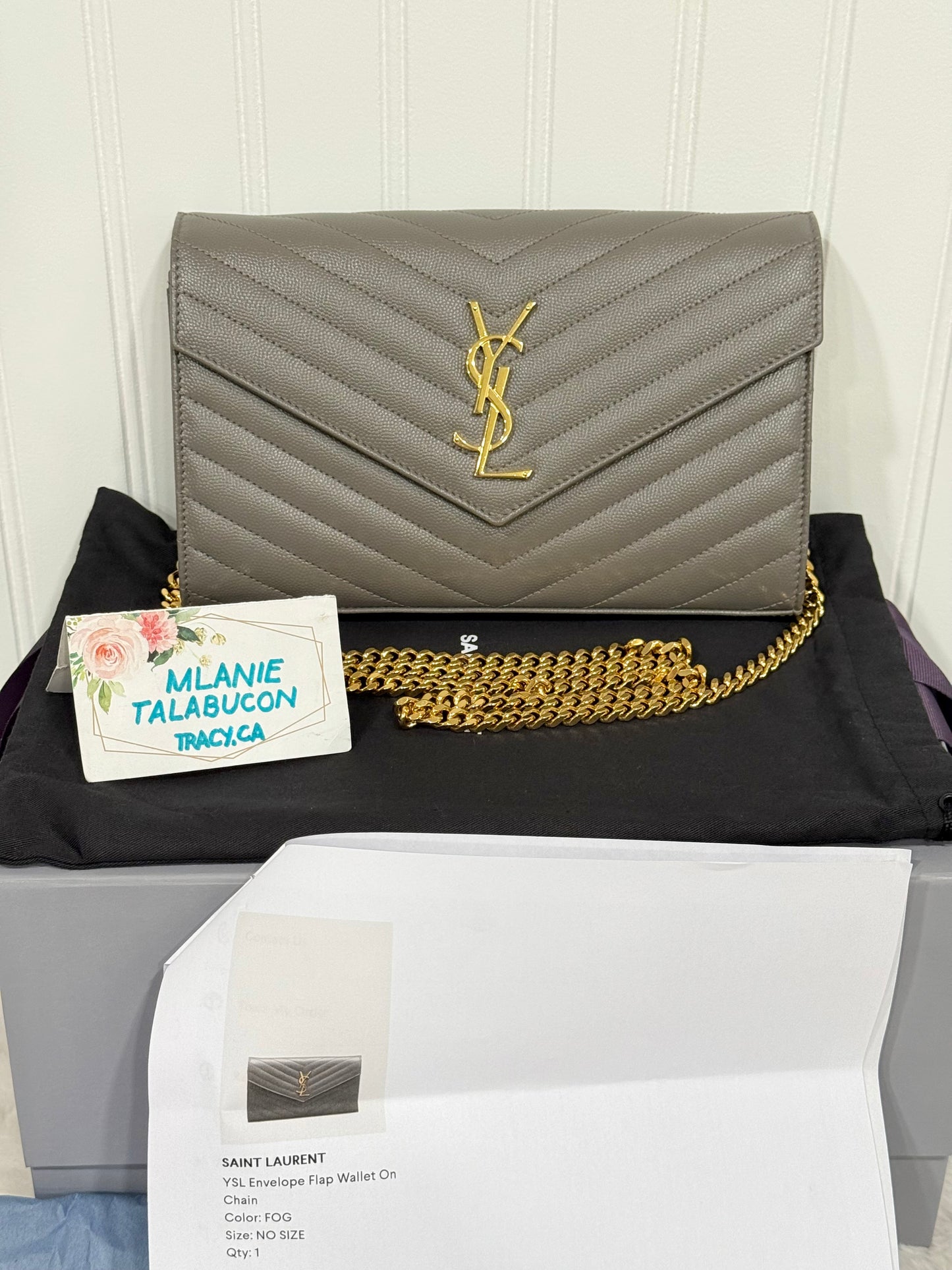 YSL Cassandre Wallet on Chain Fog Grained Leather with Gold HW