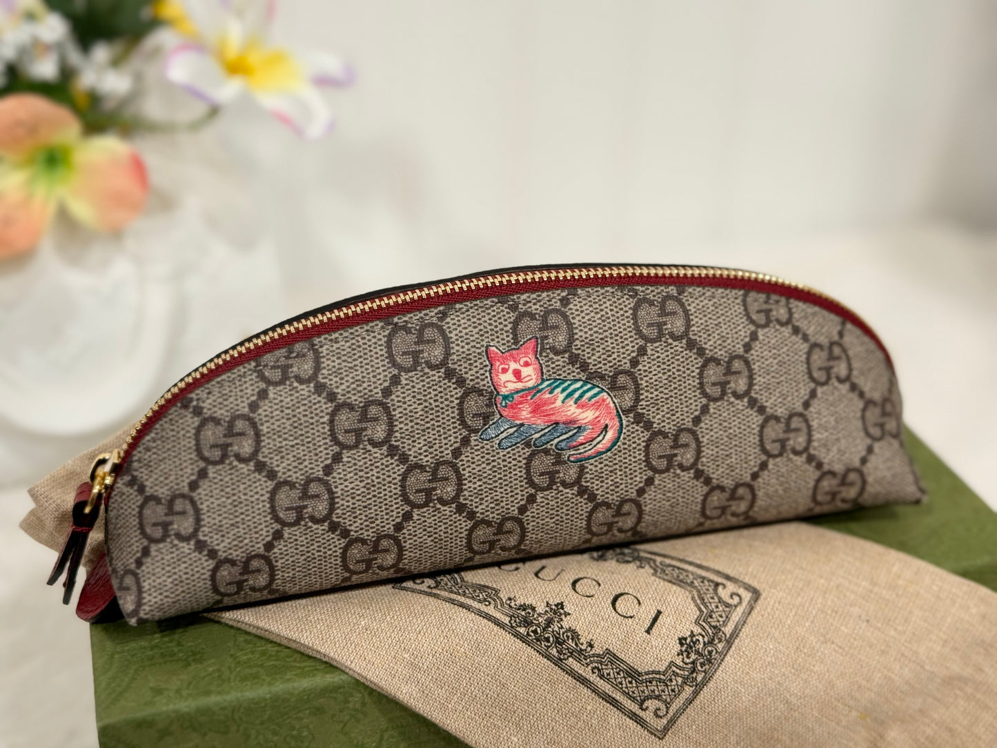 Gucci Beige/Ebony GG Coated Canvas Fabric Cat Pencil Case