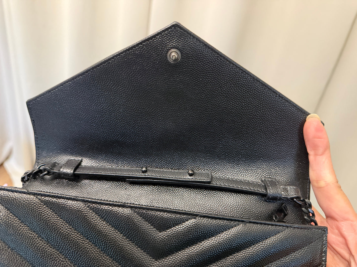 Yves Saint Laurent YSL Classic Cassandre Wallet on Chain in Black Grained de Poudre Leather Black HW