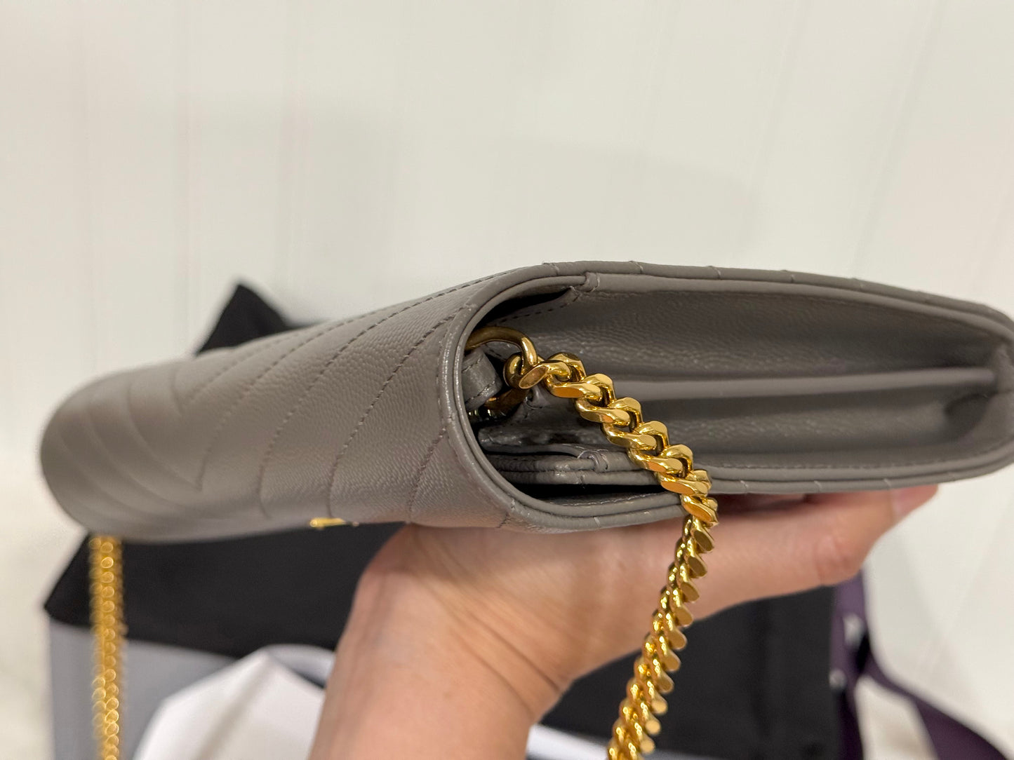 YSL Cassandre Wallet on Chain Fog Grained Leather with Gold HW