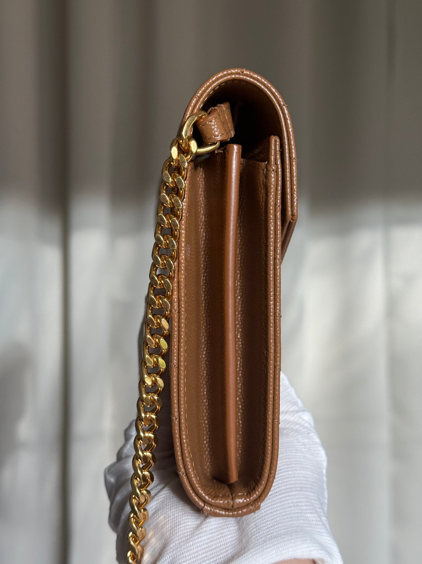 Saint Laurent Classic Cassandre Chain Wallet in Natural Dark Grain de Poudre Leather