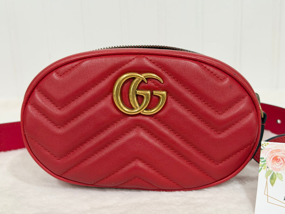 Gucci GG Marmont Matelassé Belt Bag Hibiscus Red Aged Gold-tone HW